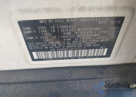 2011 Subaru Outback 2.5I Limited from USA, damaged, VIN 4S4BRBKC4B3323112